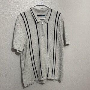 Perry Ellis Gray Short-Sleeve Polo with Black Vertical Stripes